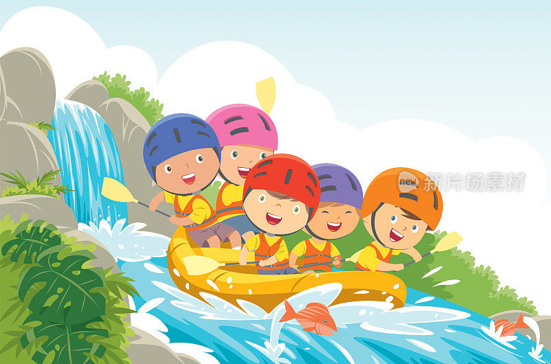 Kids rafting in a river